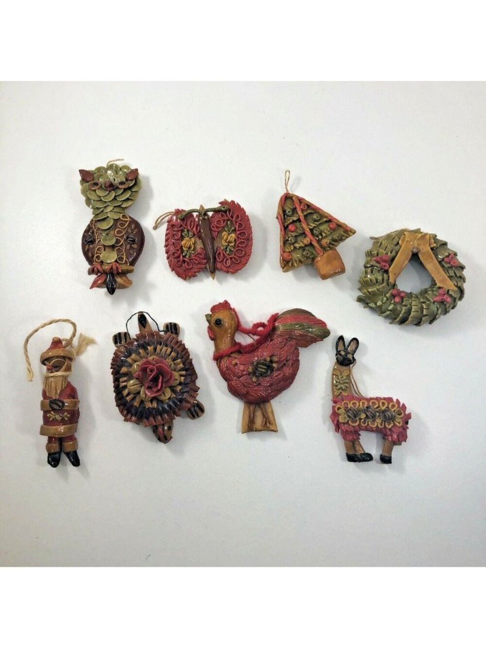 Handmade Vtg Folk Art Bread Dough Christmas Ornaments - set of 8 - see notes